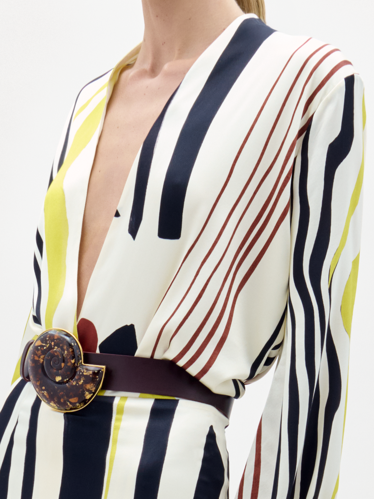 Patterned Deep - V Waist - belted Top
