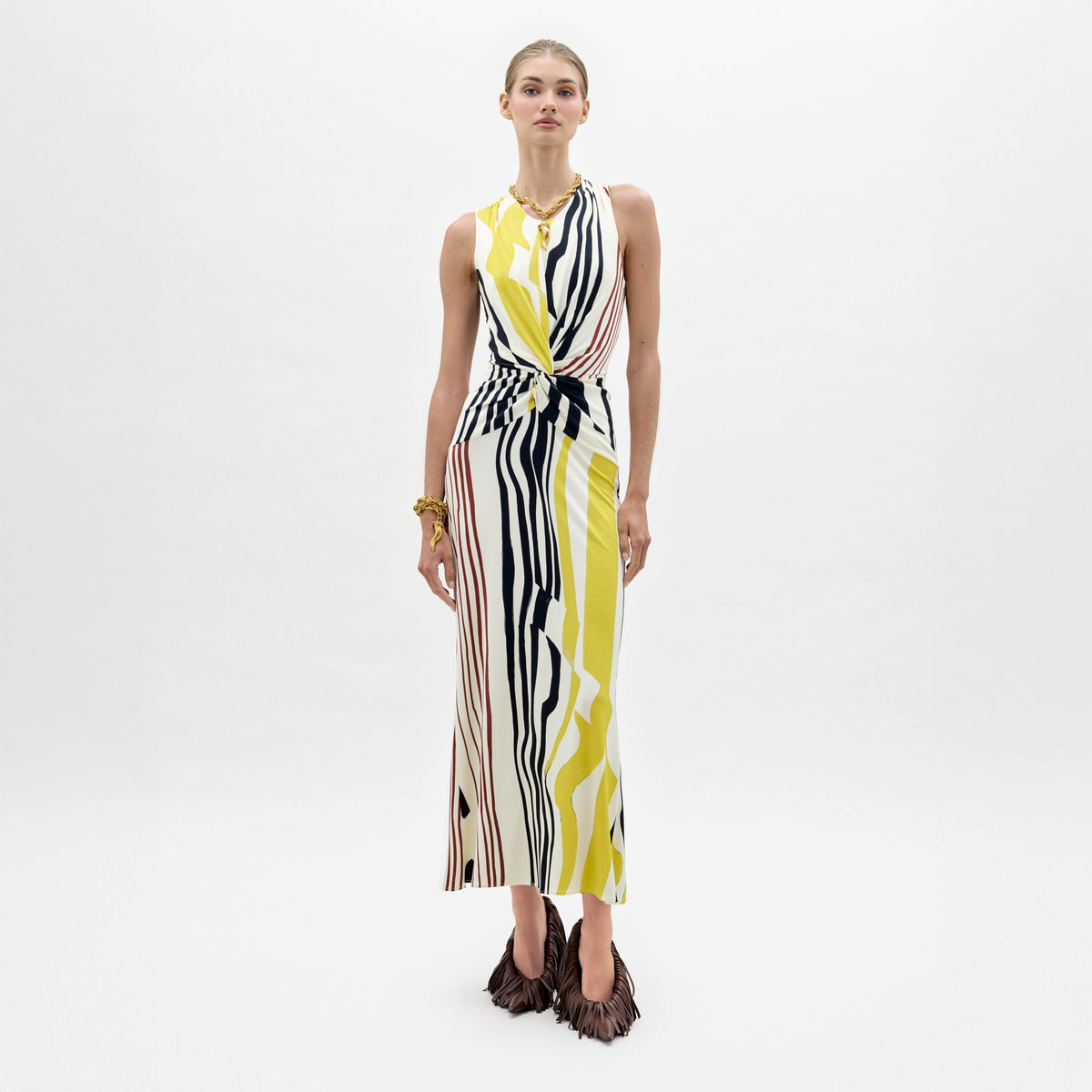 Geometric Stripe Sleeveless Midi Dress