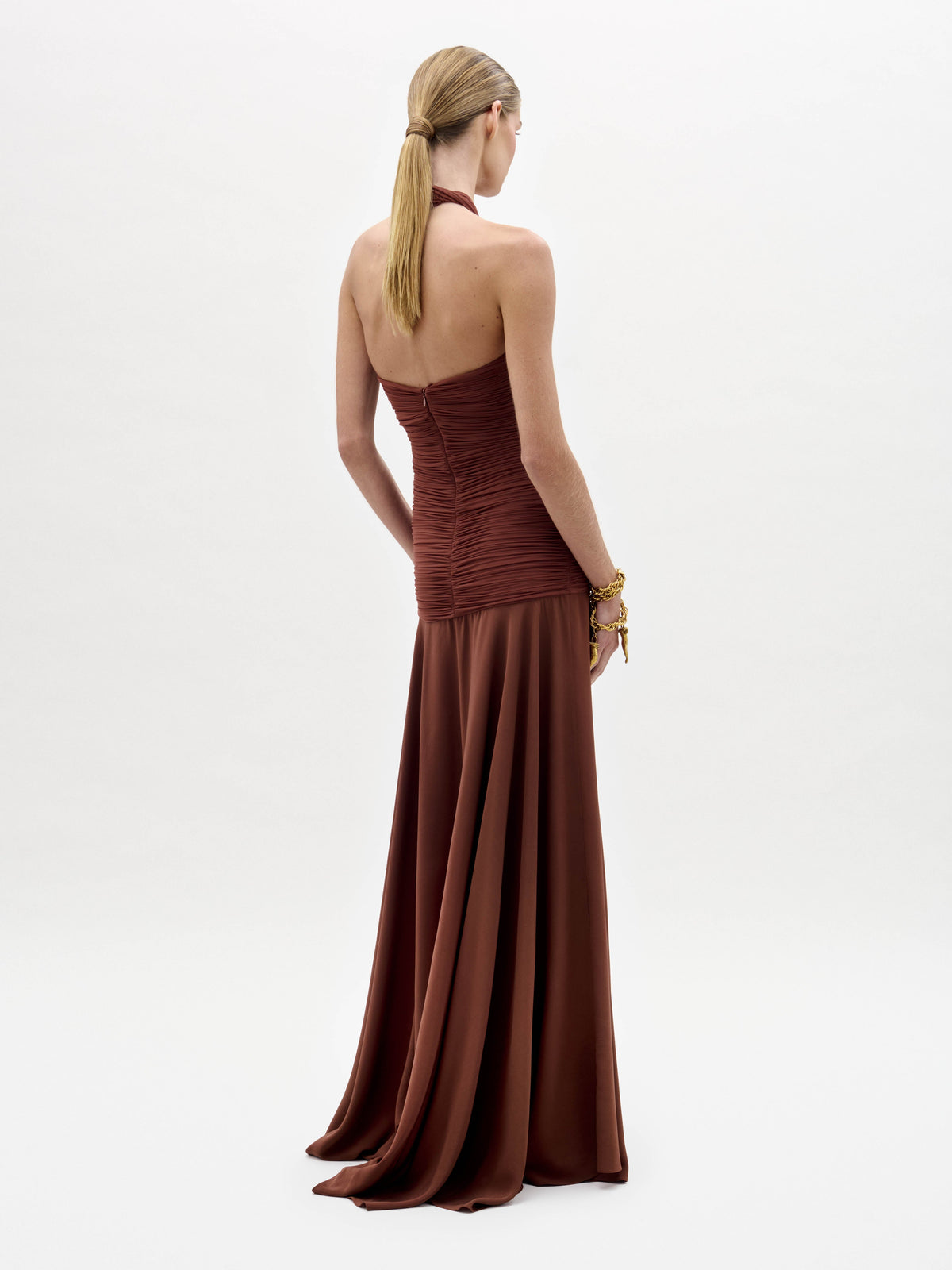 Ruched Satin Halter Long Gown