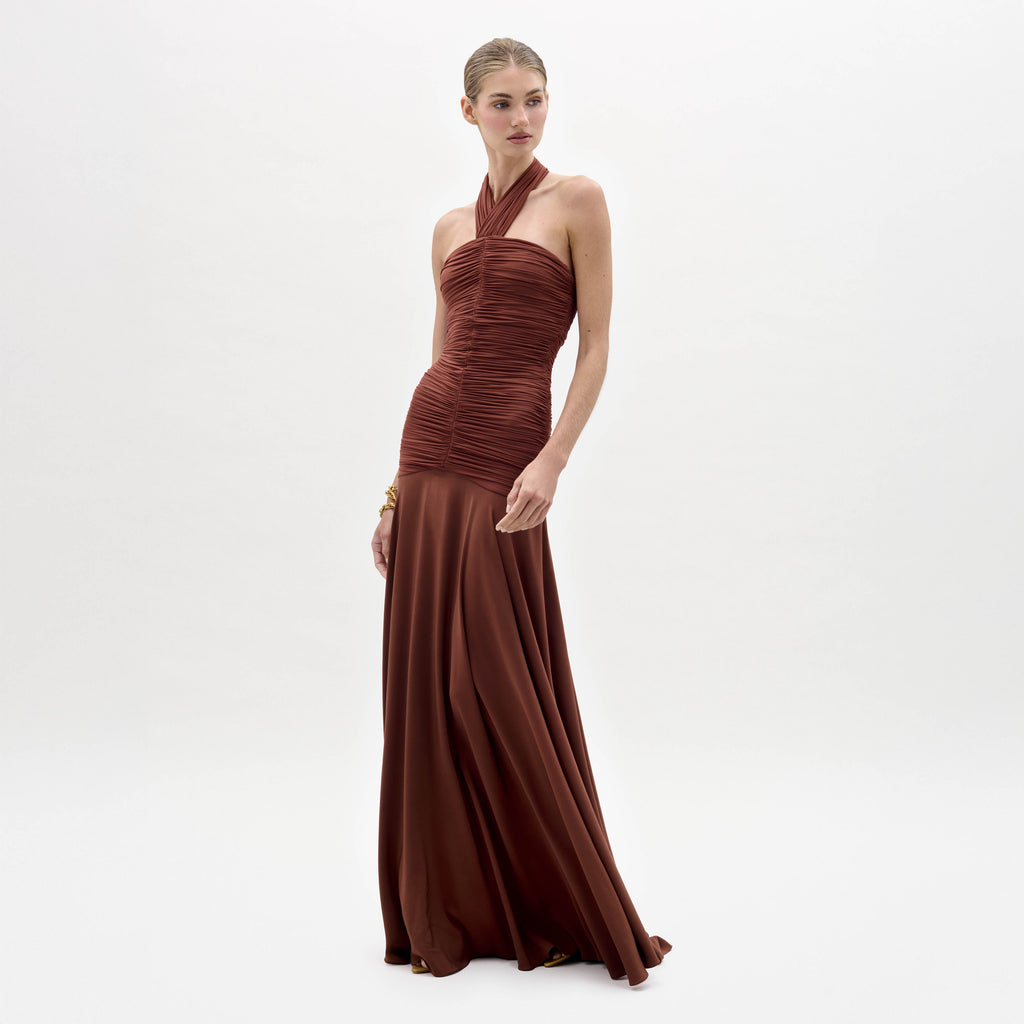 Ruched Satin Halter Long Gown