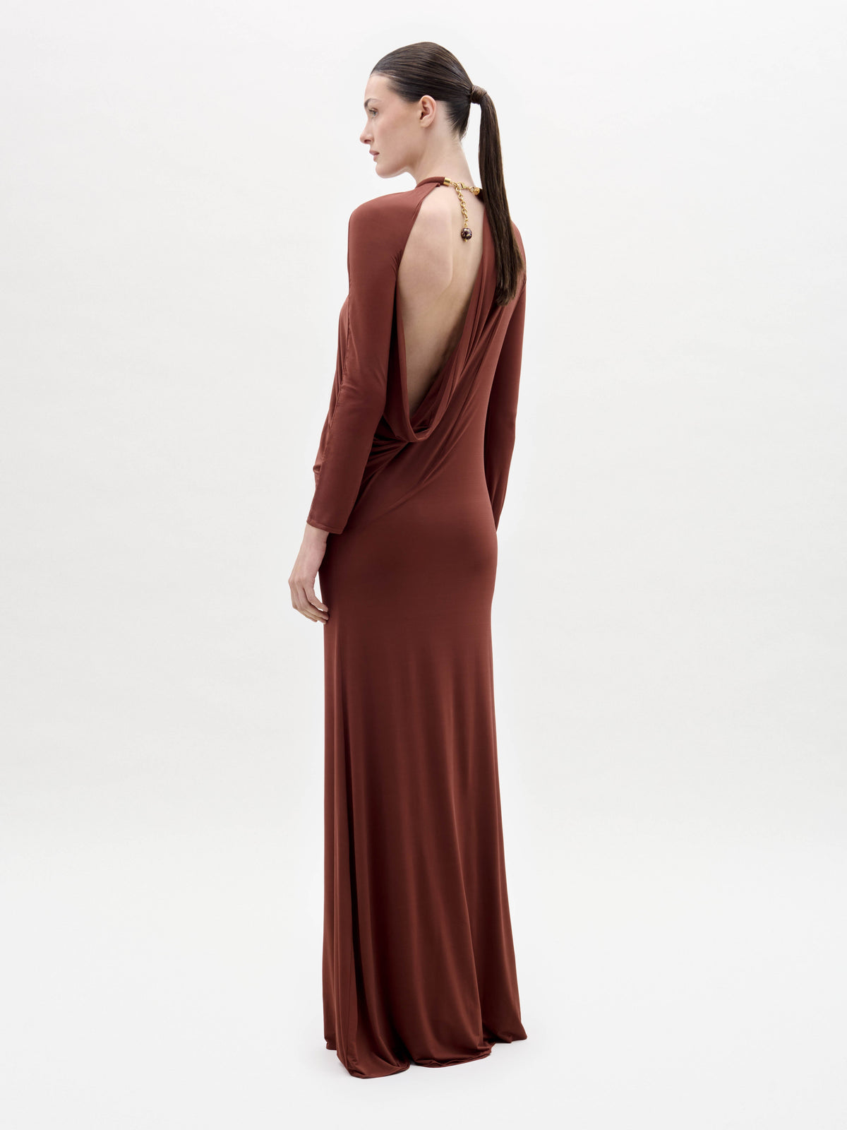 High-neck Brown Maternity Drapey Maxi Dress