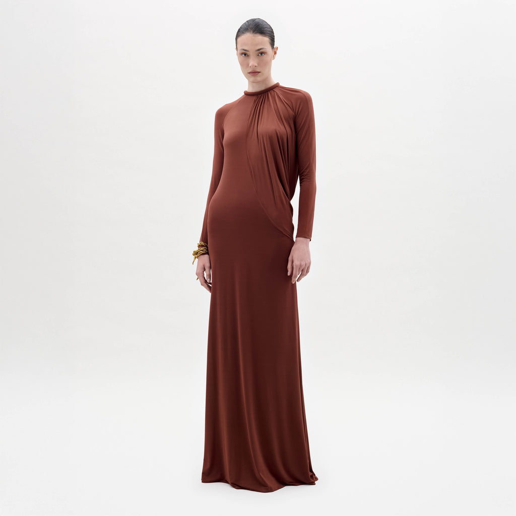 High-neck Brown Maternity Drapey Maxi Dress