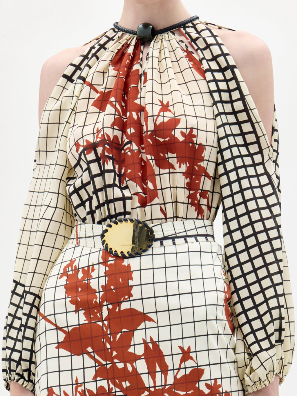 Checked Red Leaf Open-Shoulder Short Dress