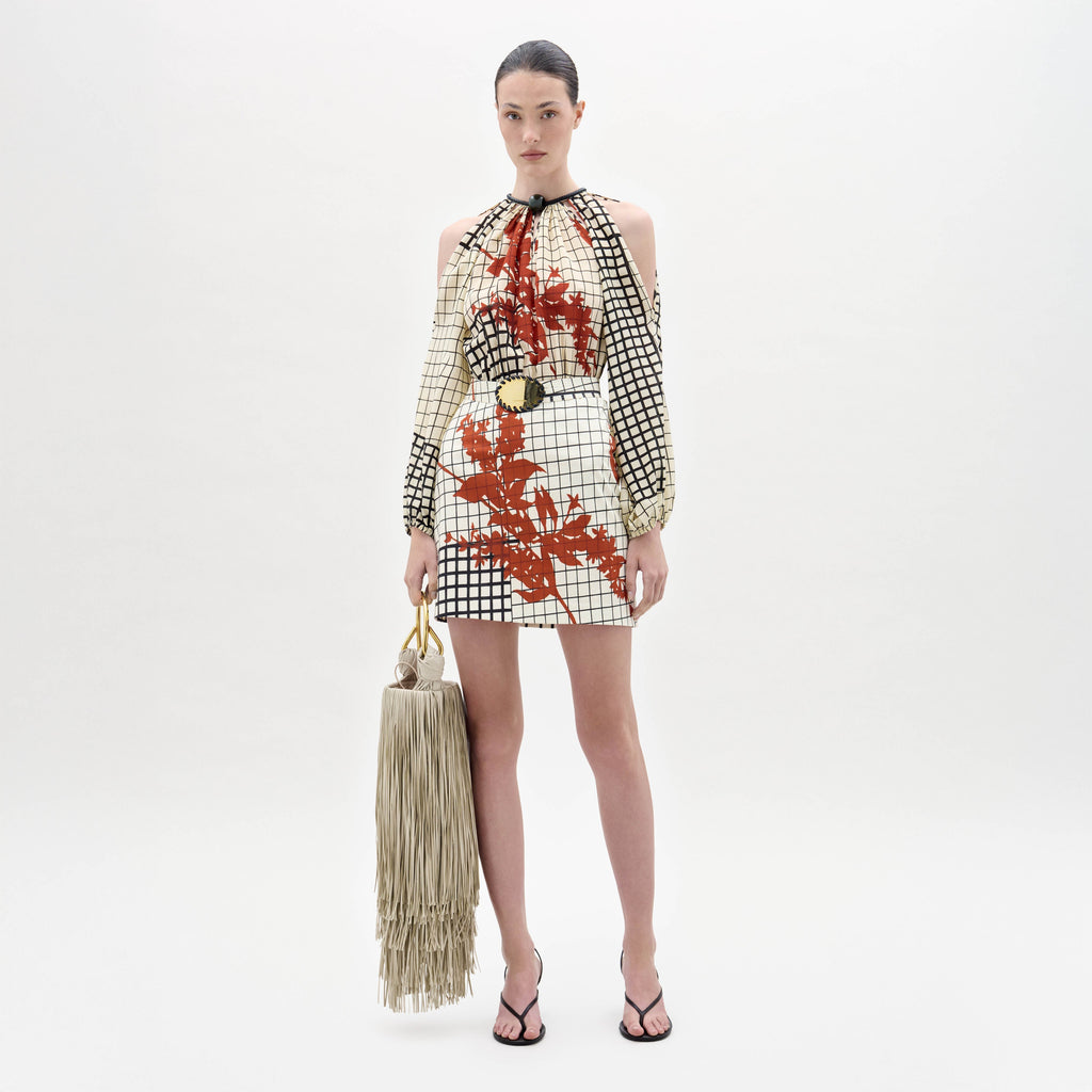 Checked Red Leaf Open-Shoulder Short Dress