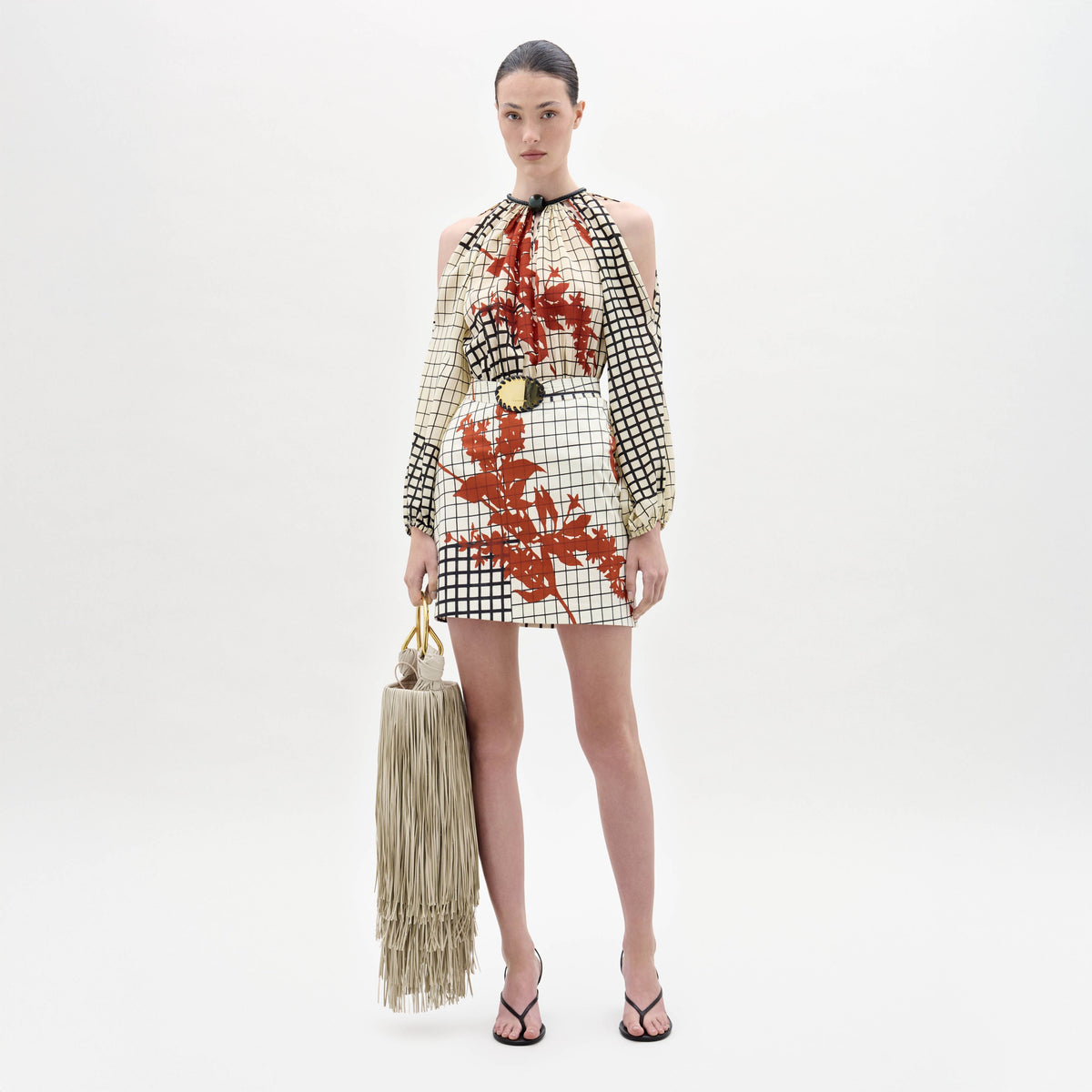Checked Red Leaf Open-Shoulder Short Dress