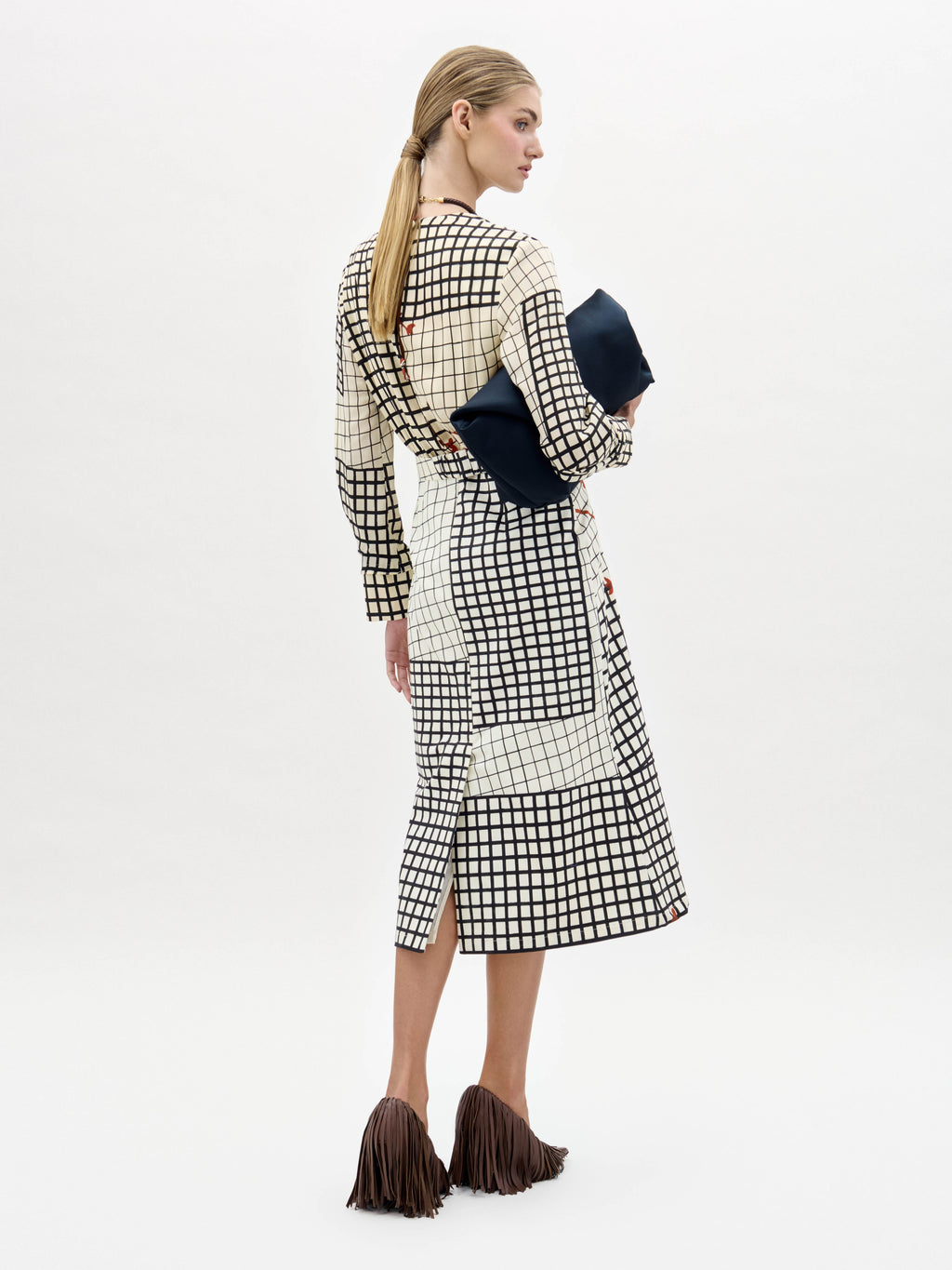 Black-white Grid Red-leaf V-neck Dress
