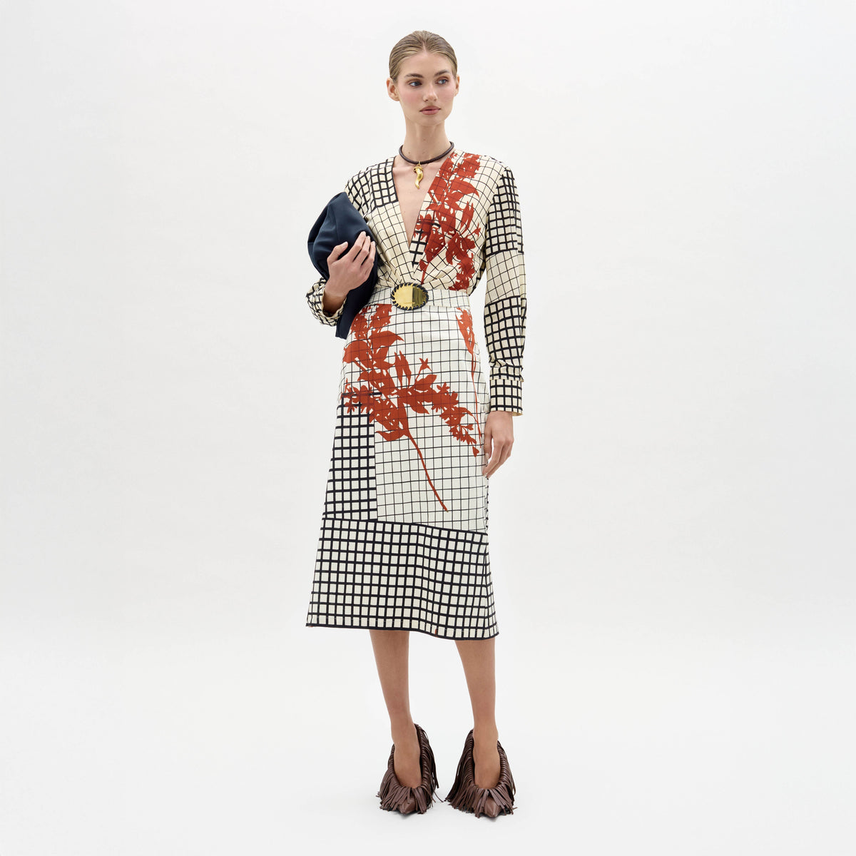 Black-white Grid Red-leaf V-neck Dress