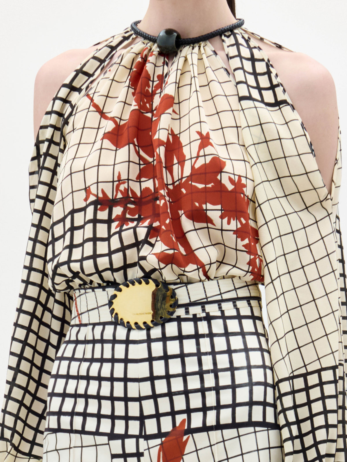 Off - the - Shoulder Floral Plaid Blouse