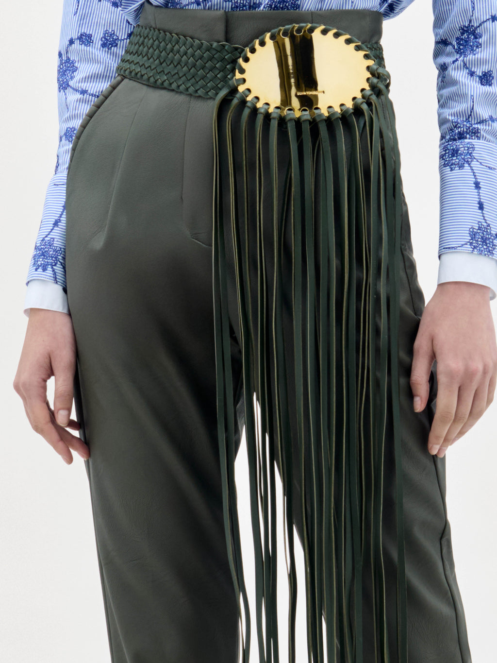 Green High-Waisted Fringe Cuffed Pants