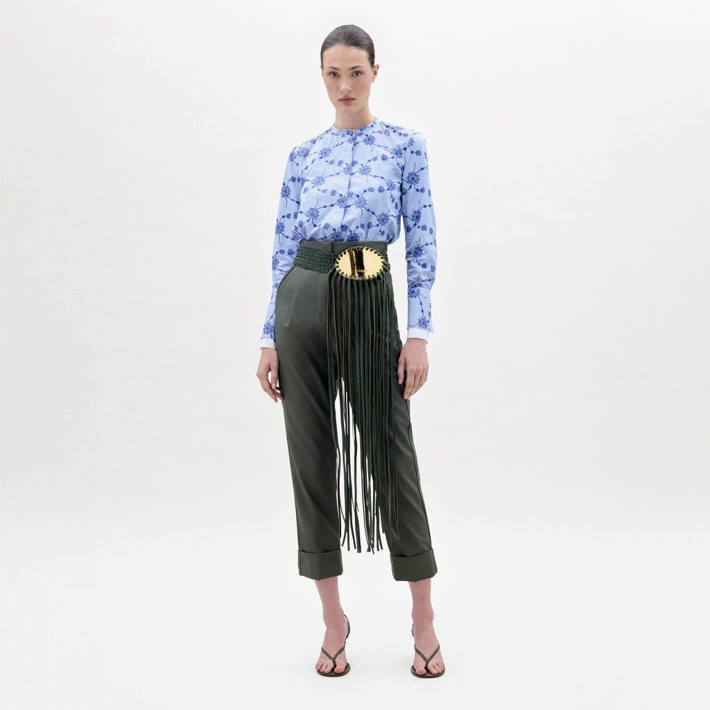 Green High-Waisted Fringe Cuffed Pants