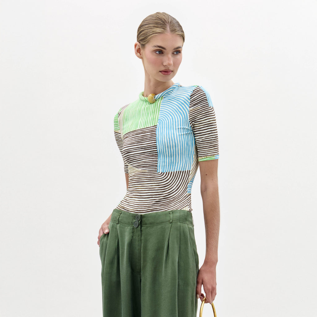 Patchwork Stripe Round-neck Short-sleeve Top