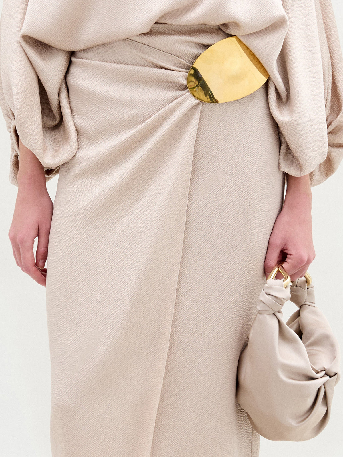 Beige Satin Fitted Waist Long Dress
