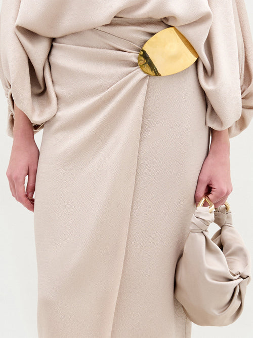 Beige Satin Fitted Waist Long Dress