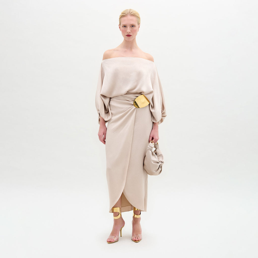 Beige Satin Fitted Waist Long Dress