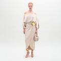 Beige Satin Fitted Waist Long Dress