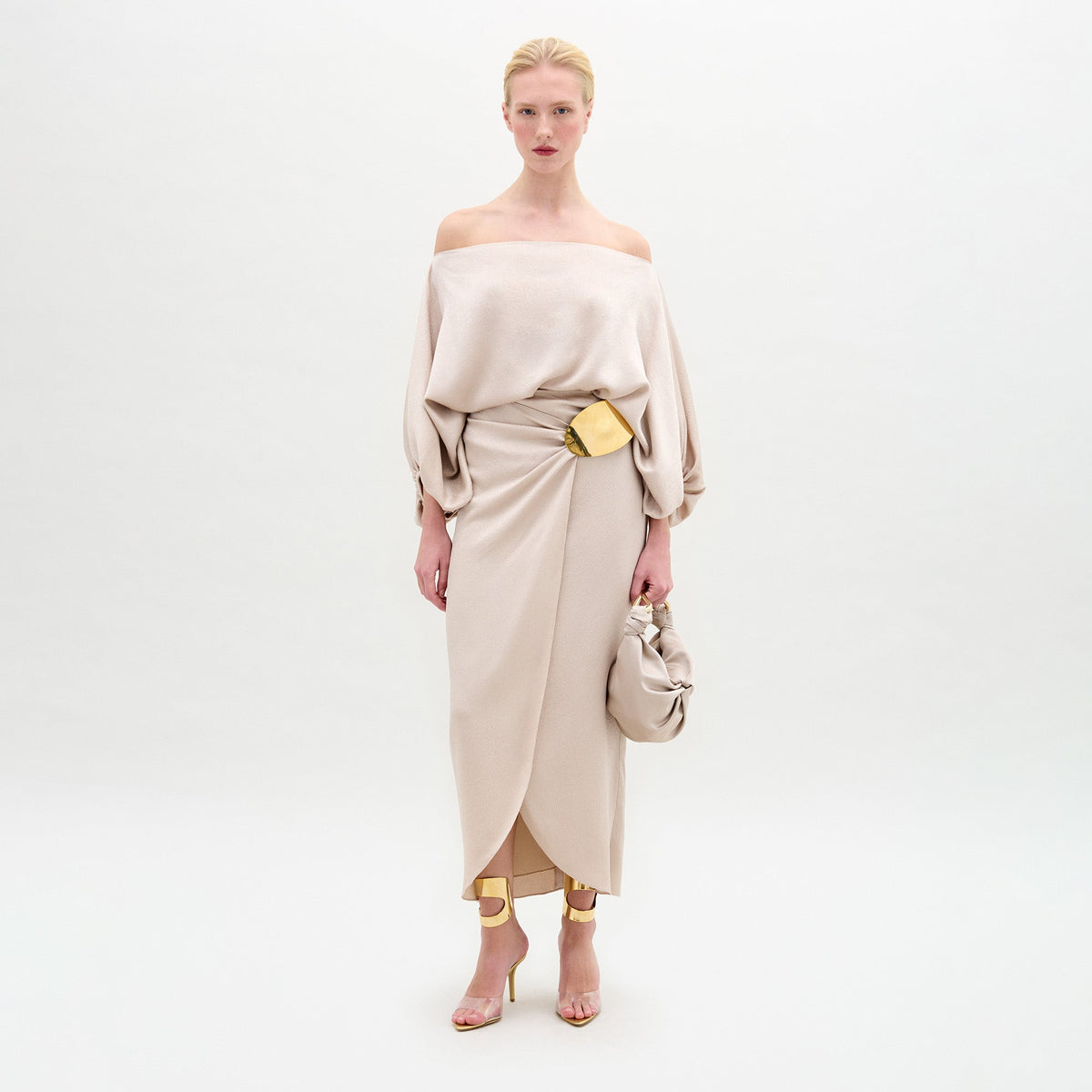 Beige Satin Fitted Waist Long Dress