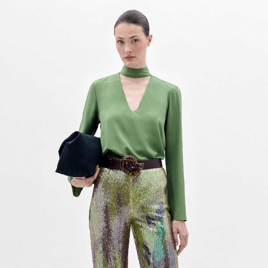 Green V-Neck Long-Sleeve Top