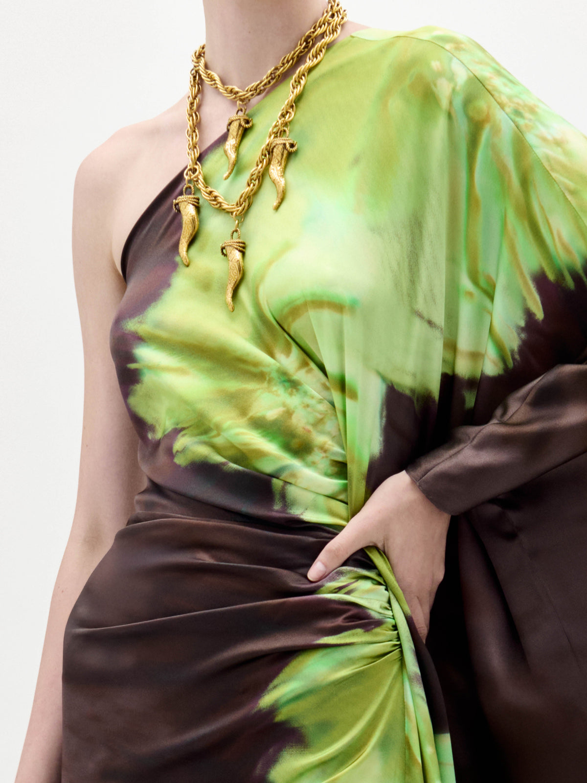Brown Long-sleeve Pleated Floor-length Gown