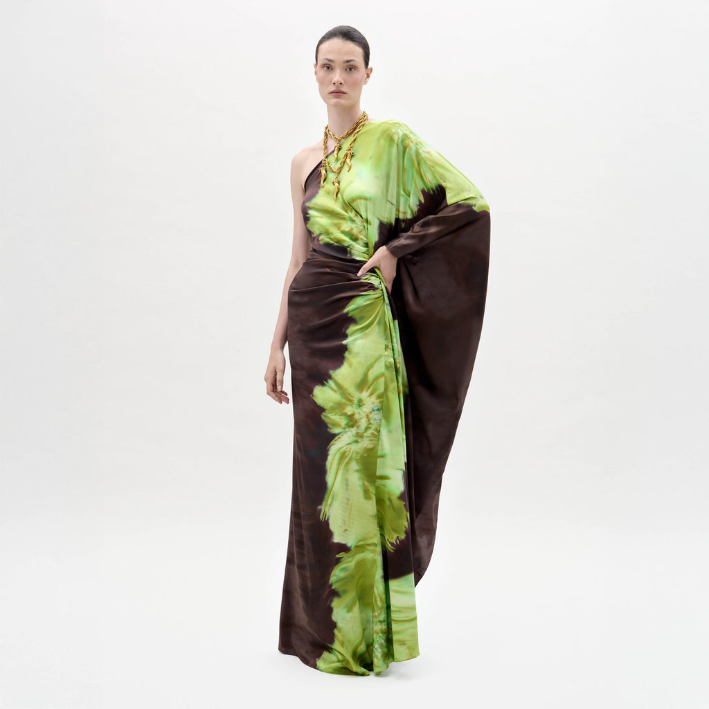 Brown Long-sleeve Pleated Floor-length Gown