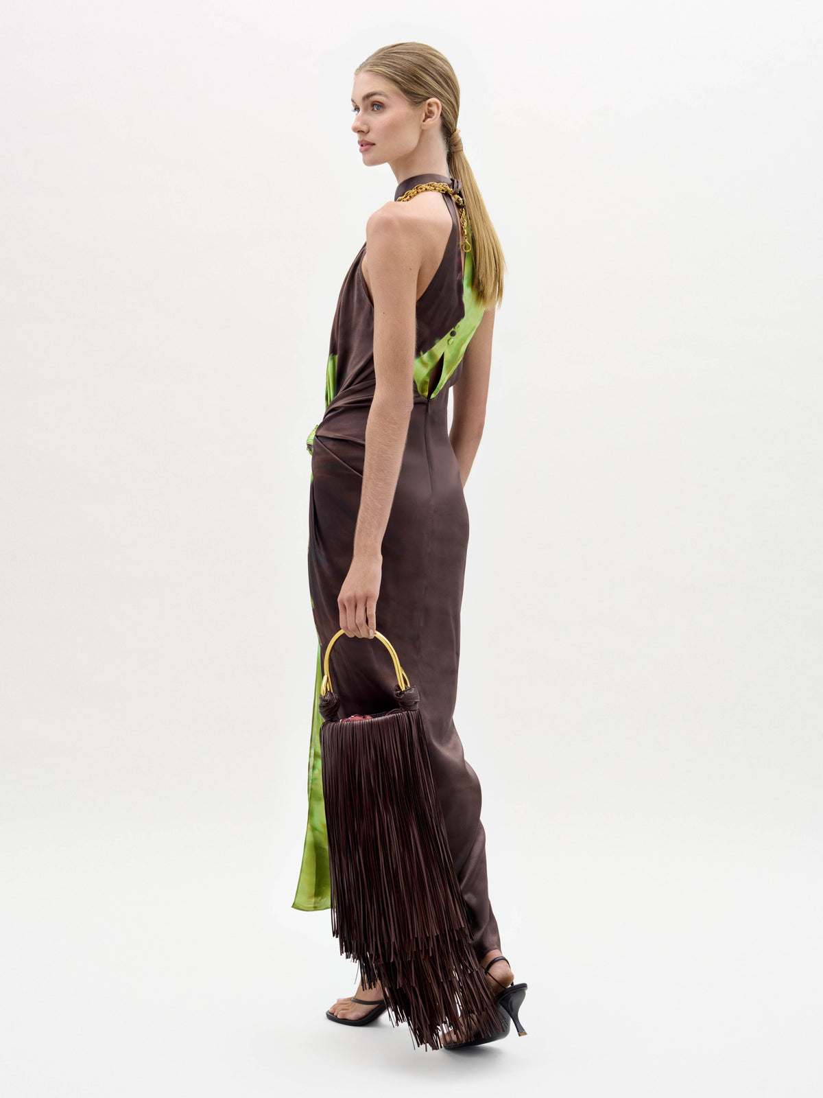 Brown-green Printed Long Gown