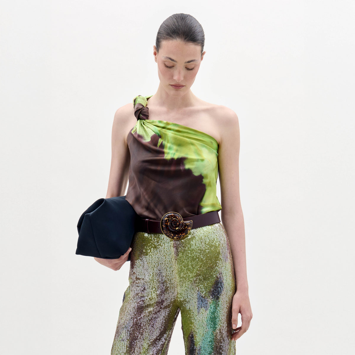 One-shoulder Drape Print Blouse