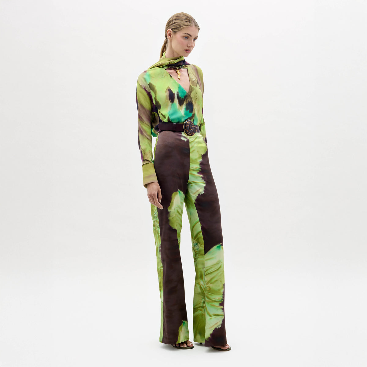 Green-Brown Tie-Dye Wide-Leg Jumpsuit