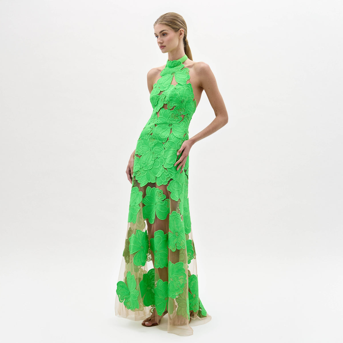 Green Floral Cutout Maxi Gown