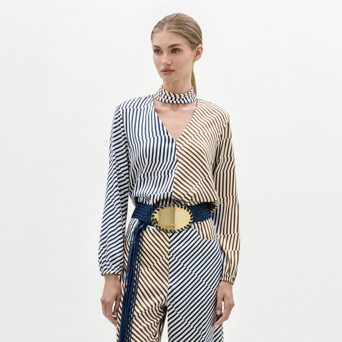 ‌Halterneck Stripe Asymmetric Blouse