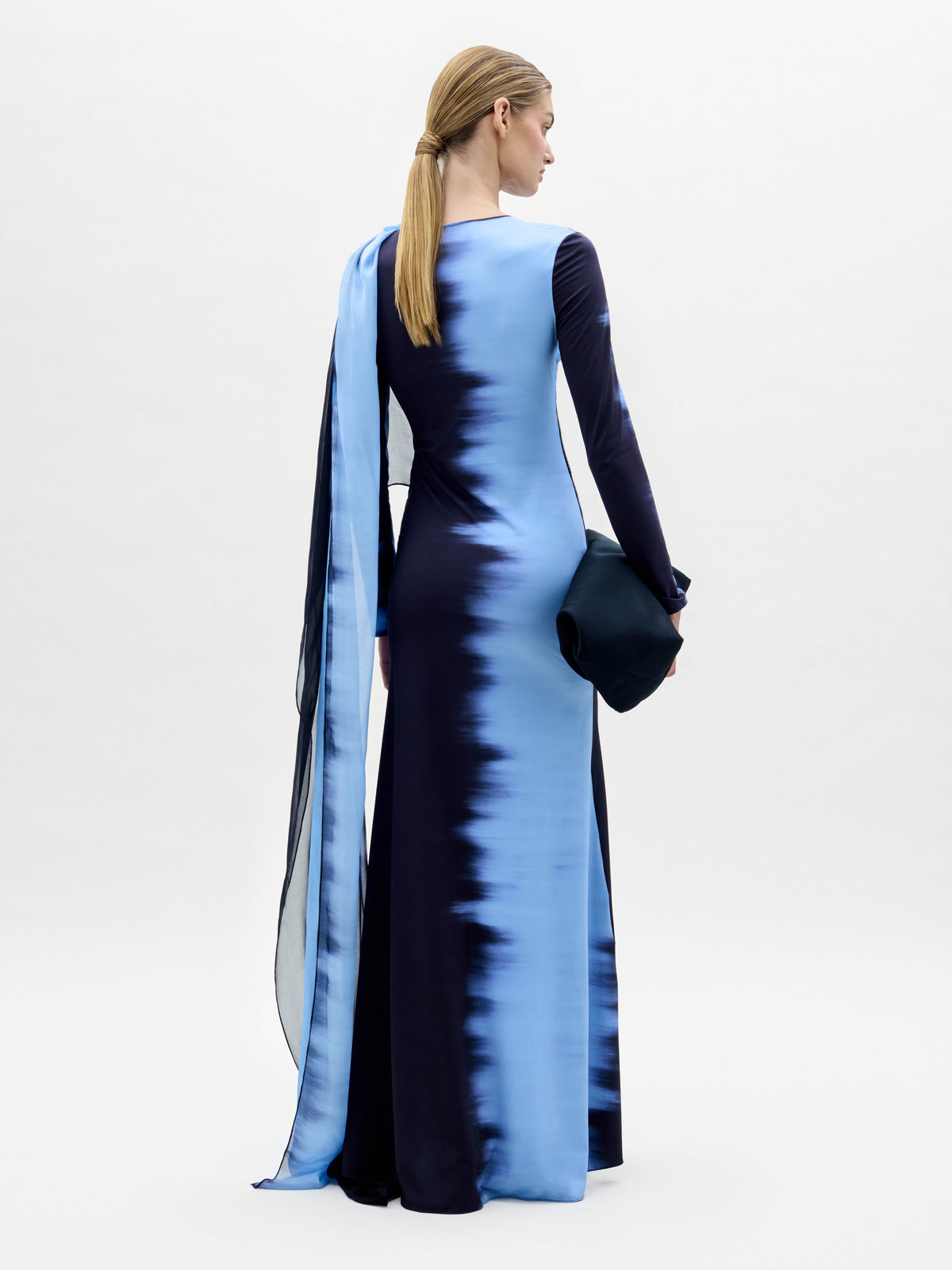 Navy-Blue Gradient Long-Sleeve Evening Gown