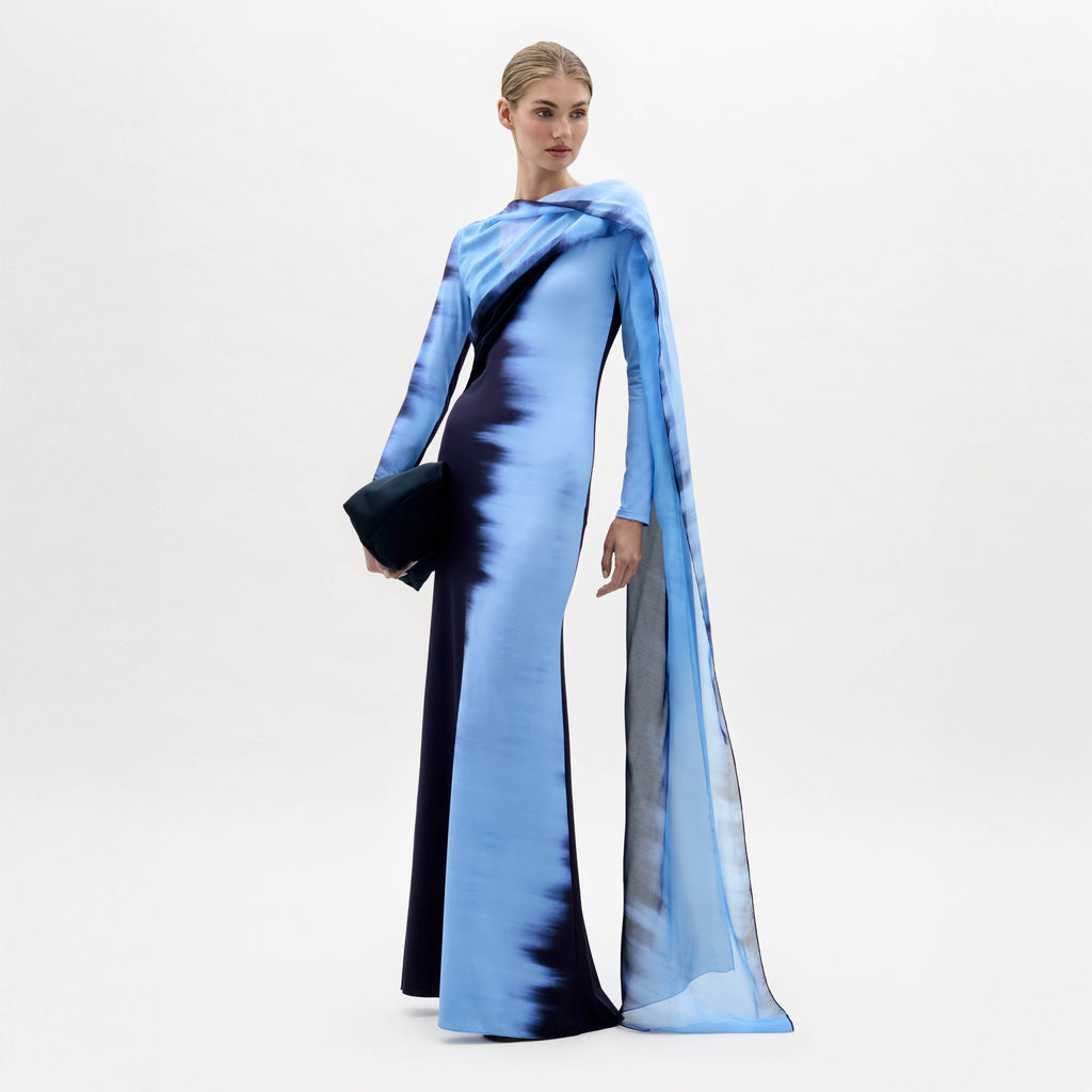 Navy-Blue Gradient Long-Sleeve Evening Gown