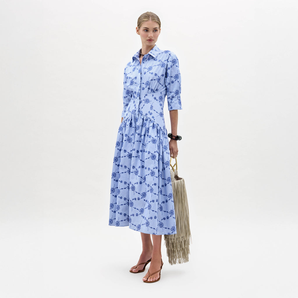 Blue-White Floral Fitted Dress