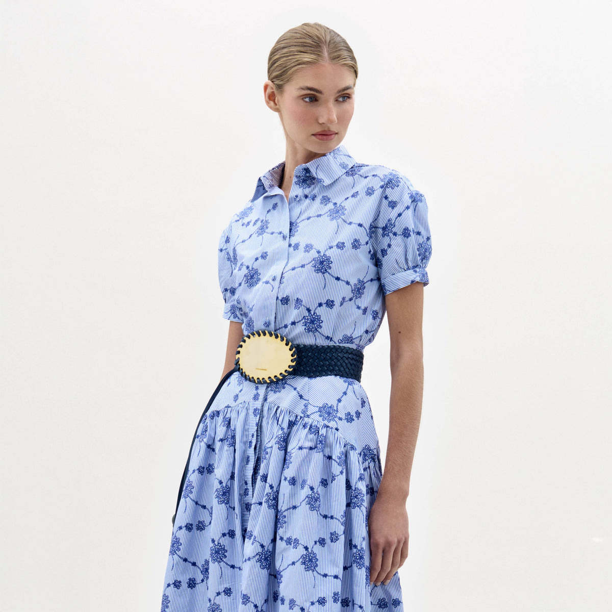 Blue-white Floral Stripe Collar Shirt