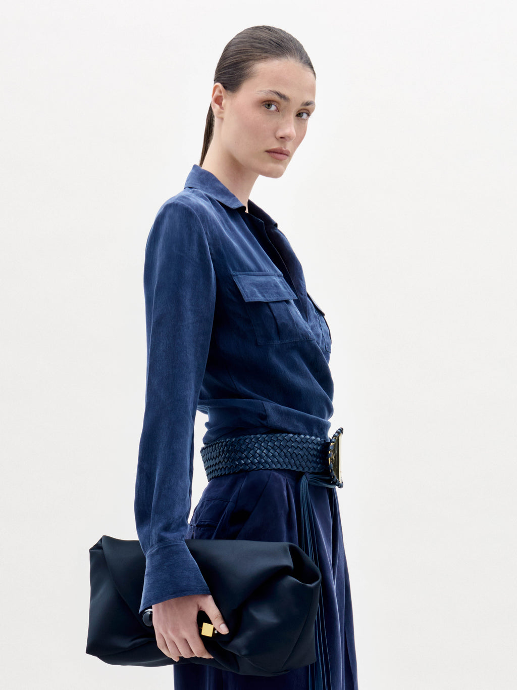Navy Lapel Long-sleeve Shirt