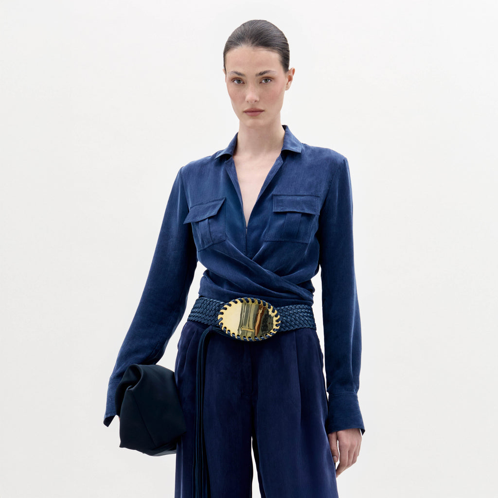 Navy Lapel Long-sleeve Shirt
