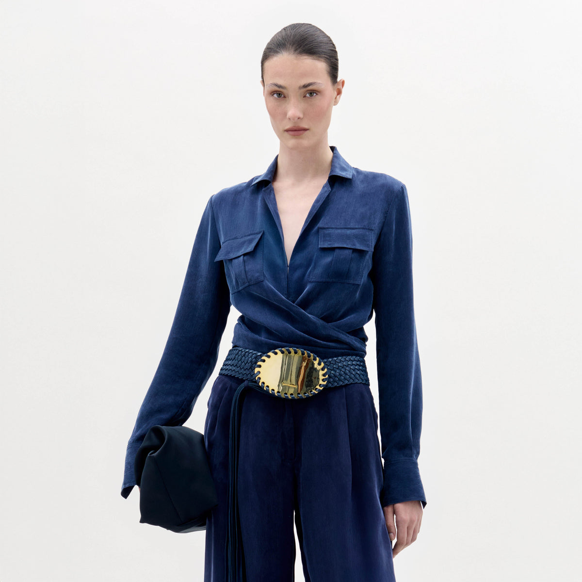 Navy Lapel Long-sleeve Shirt