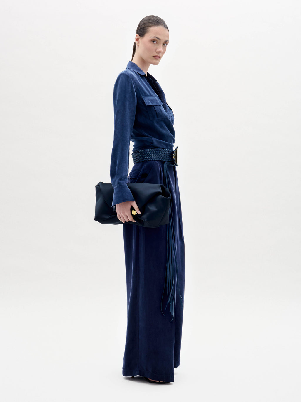 Navy Long-Sleeved Wide-Leg Jumpsuit