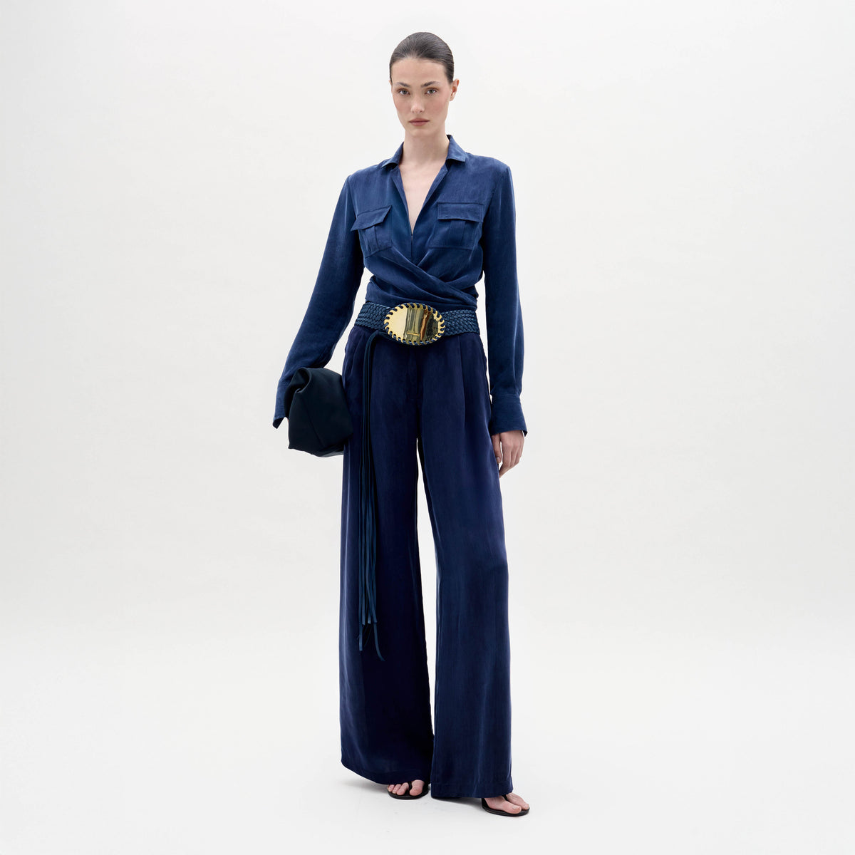 Navy Long-Sleeved Wide-Leg Jumpsuit