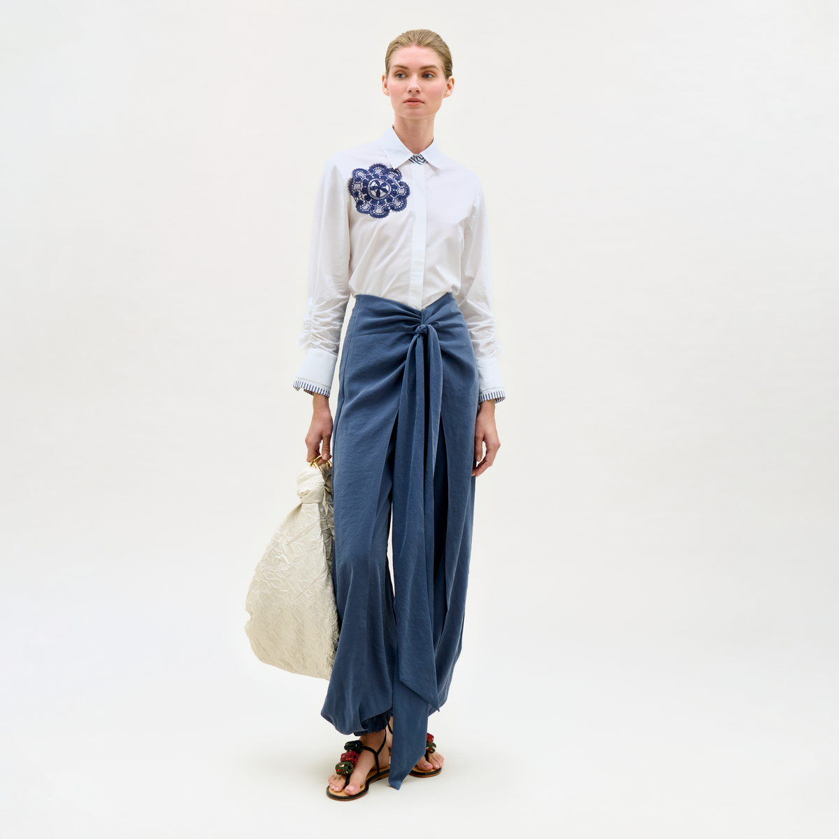 Blue Tie-Waist Asymmetric Wide-Leg Pants