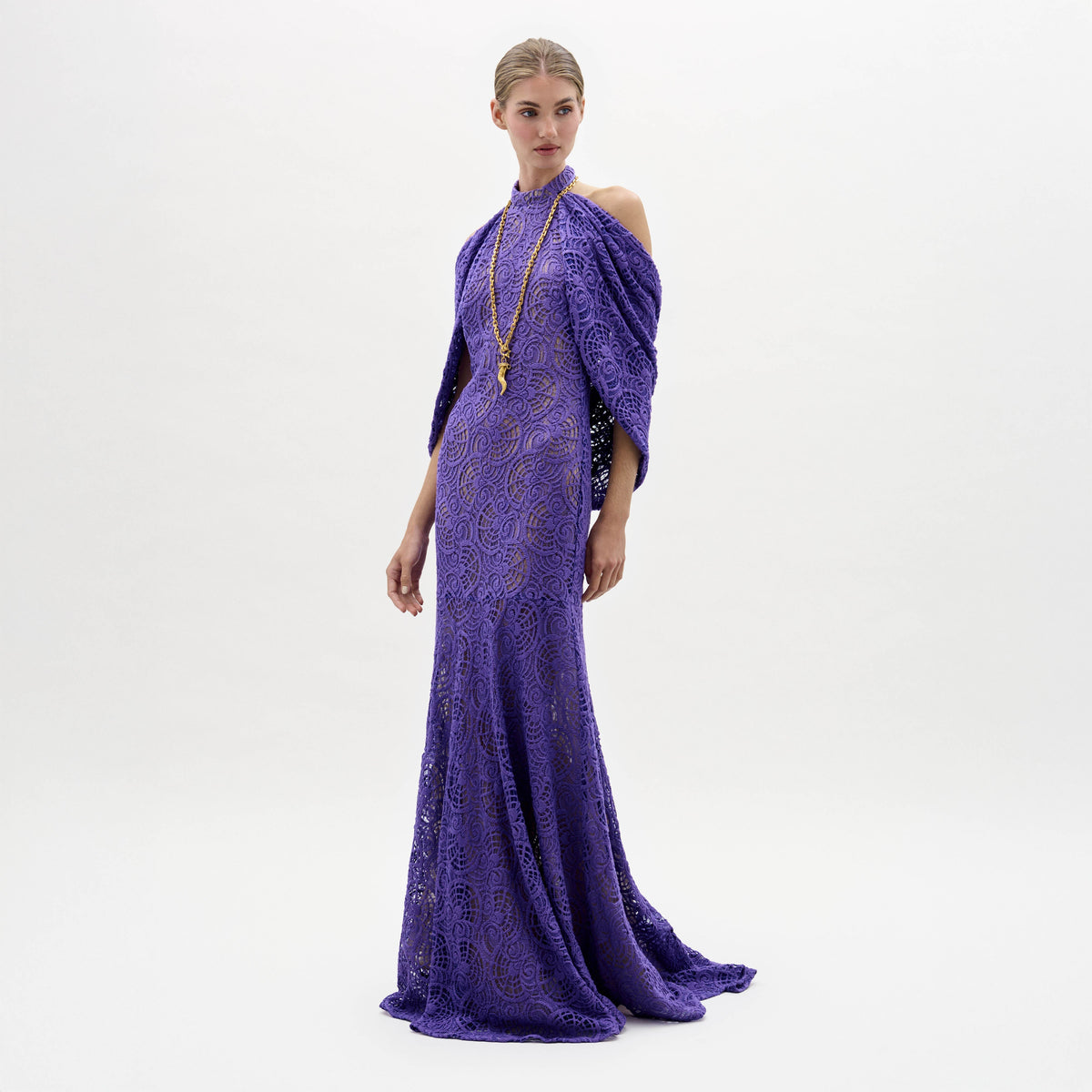 Off-Shoulder Purple Lace Long Dress