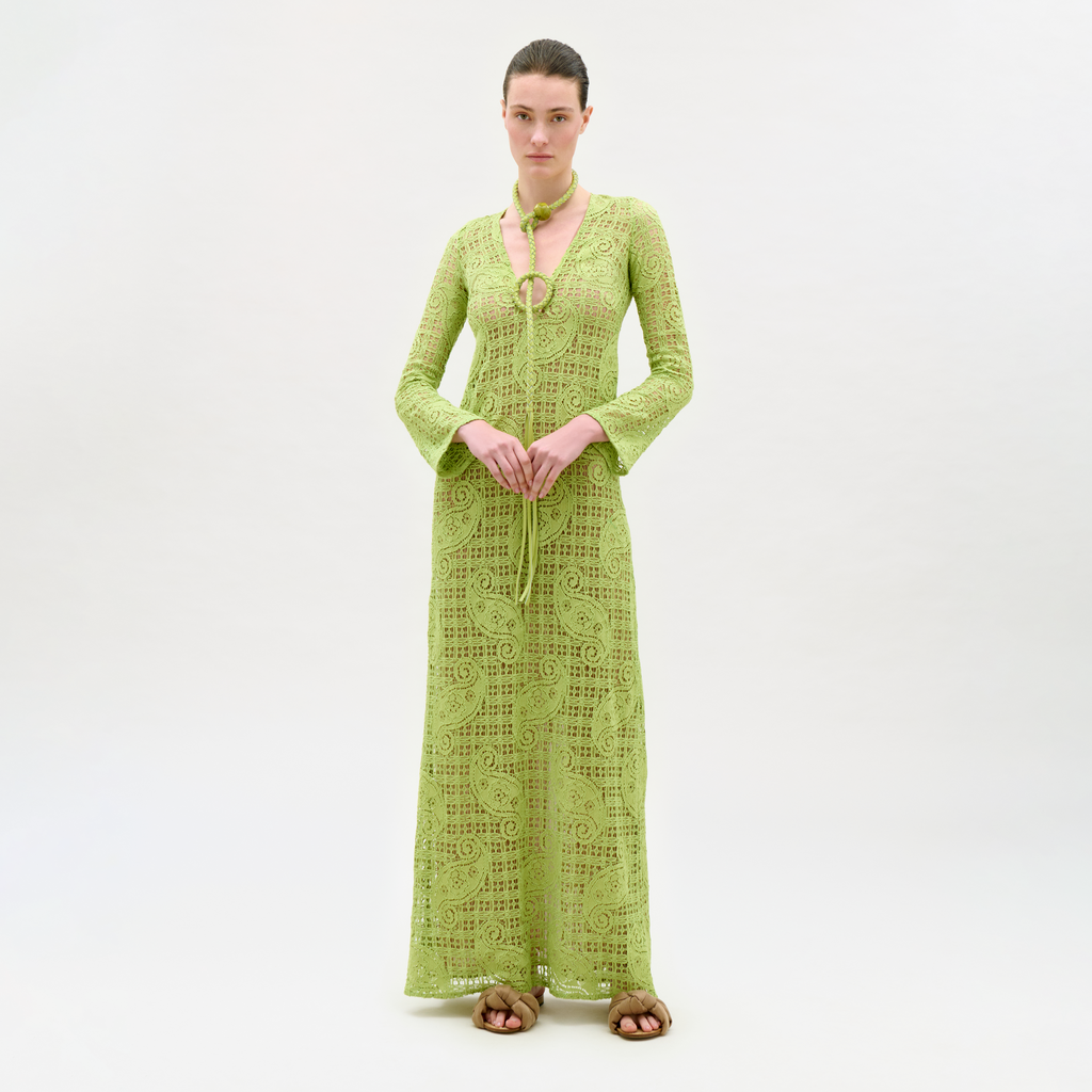 Hollow-out Green Lace Drapey Maxi Dress