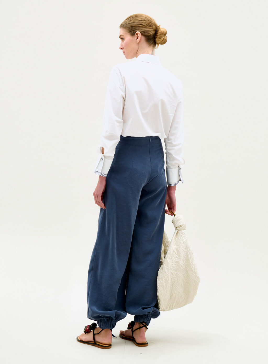Blue Tie-Waist Asymmetric Wide-Leg Pants