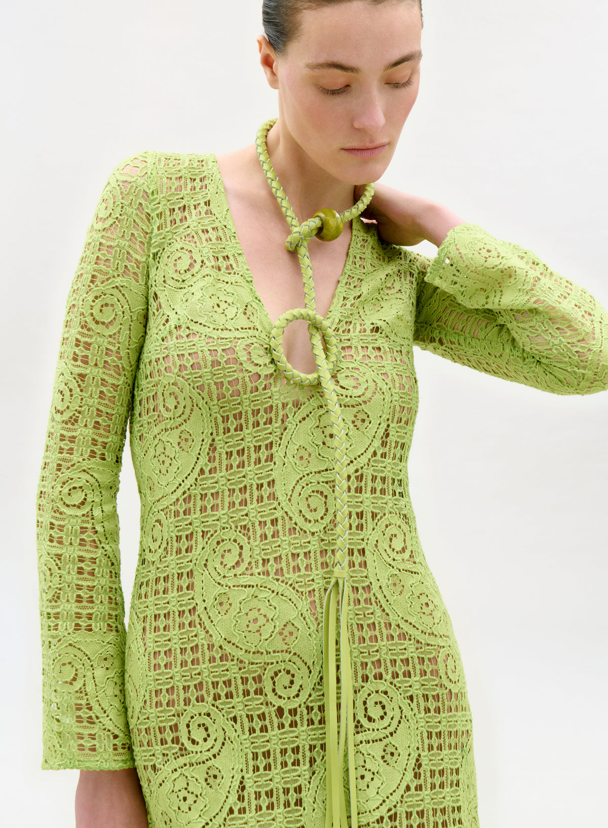Hollow-out Green Lace Drapey Maxi Dress