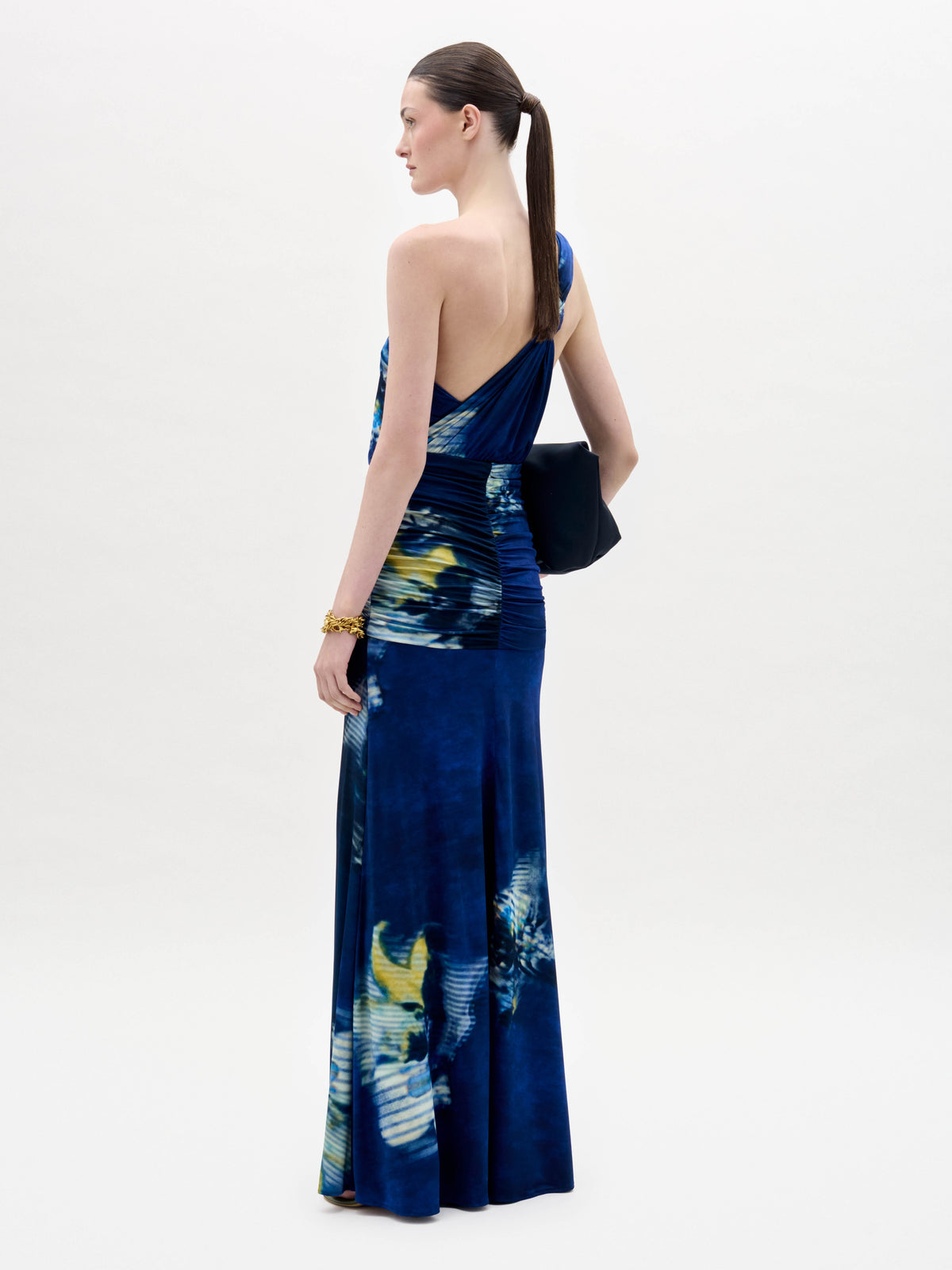 Navy Floral One-Shoulder Floor-Length Dress