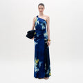 Navy Floral One-Shoulder Floor-Length Dress