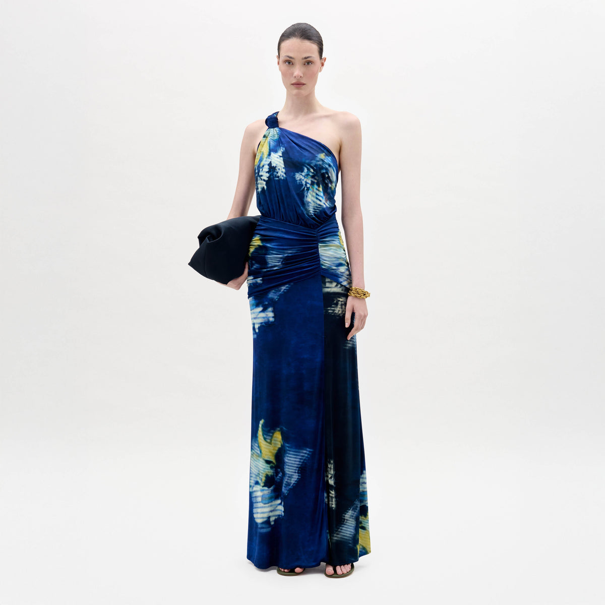 Navy Floral One-Shoulder Floor-Length Dress