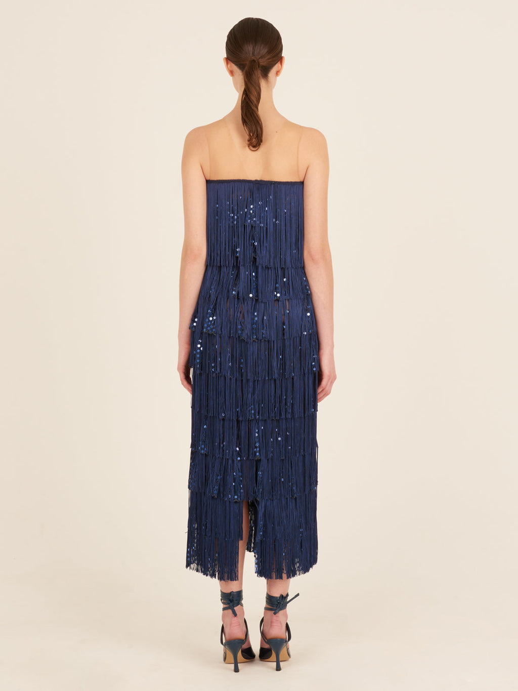 Navy Layered Fringe Sleeveless Long Dress
