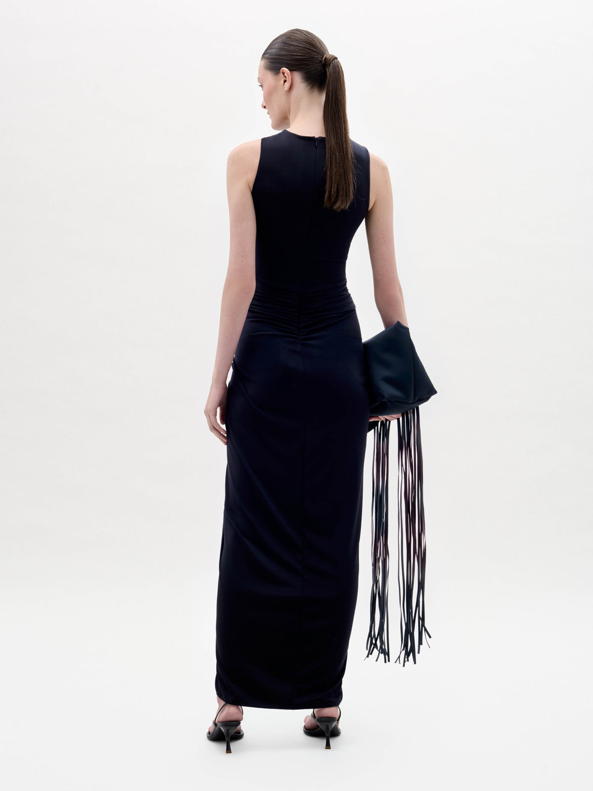 Black Toned Waist Ruched Slit Gown