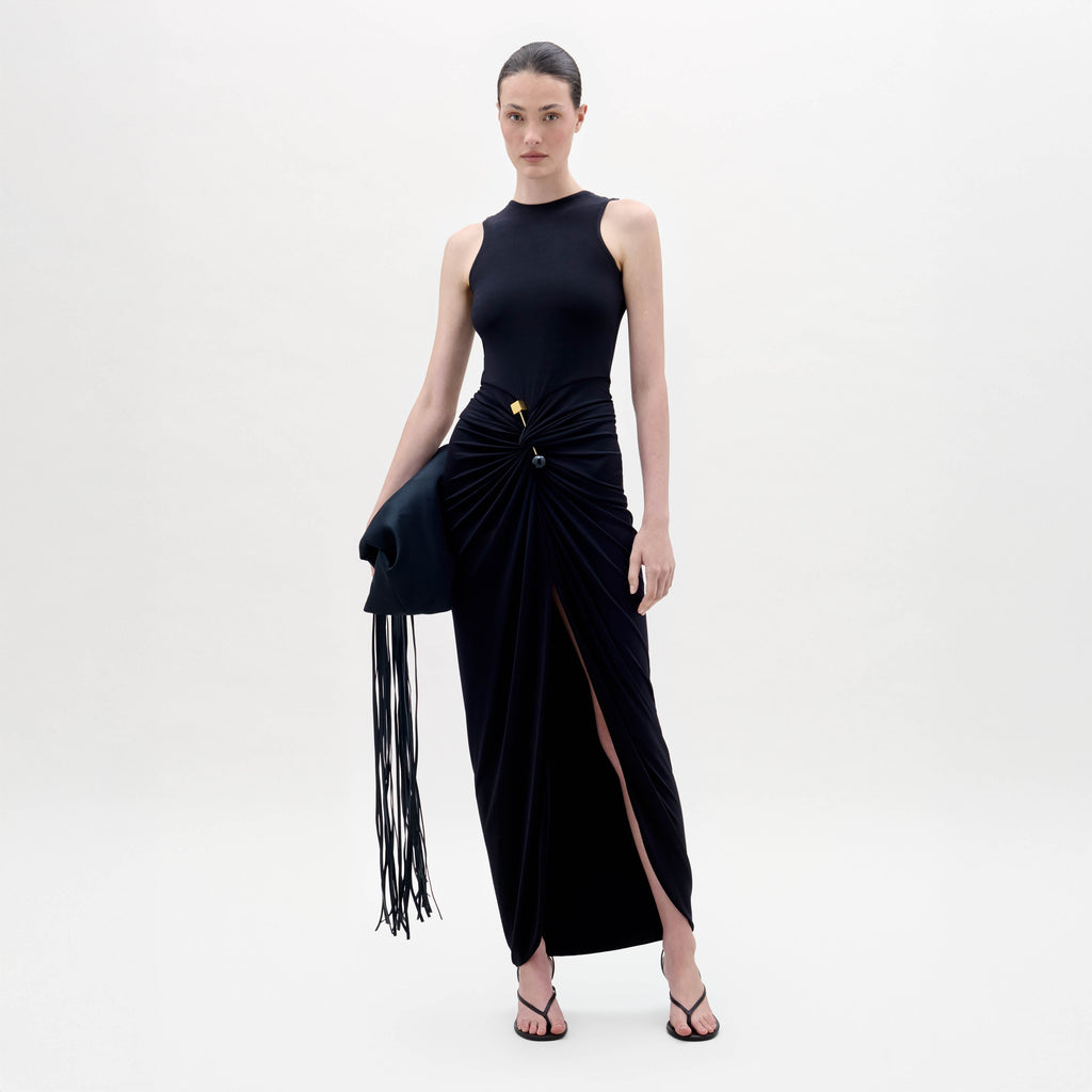 Black Toned Waist Ruched Slit Gown