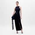 Black Toned Waist Ruched Slit Gown