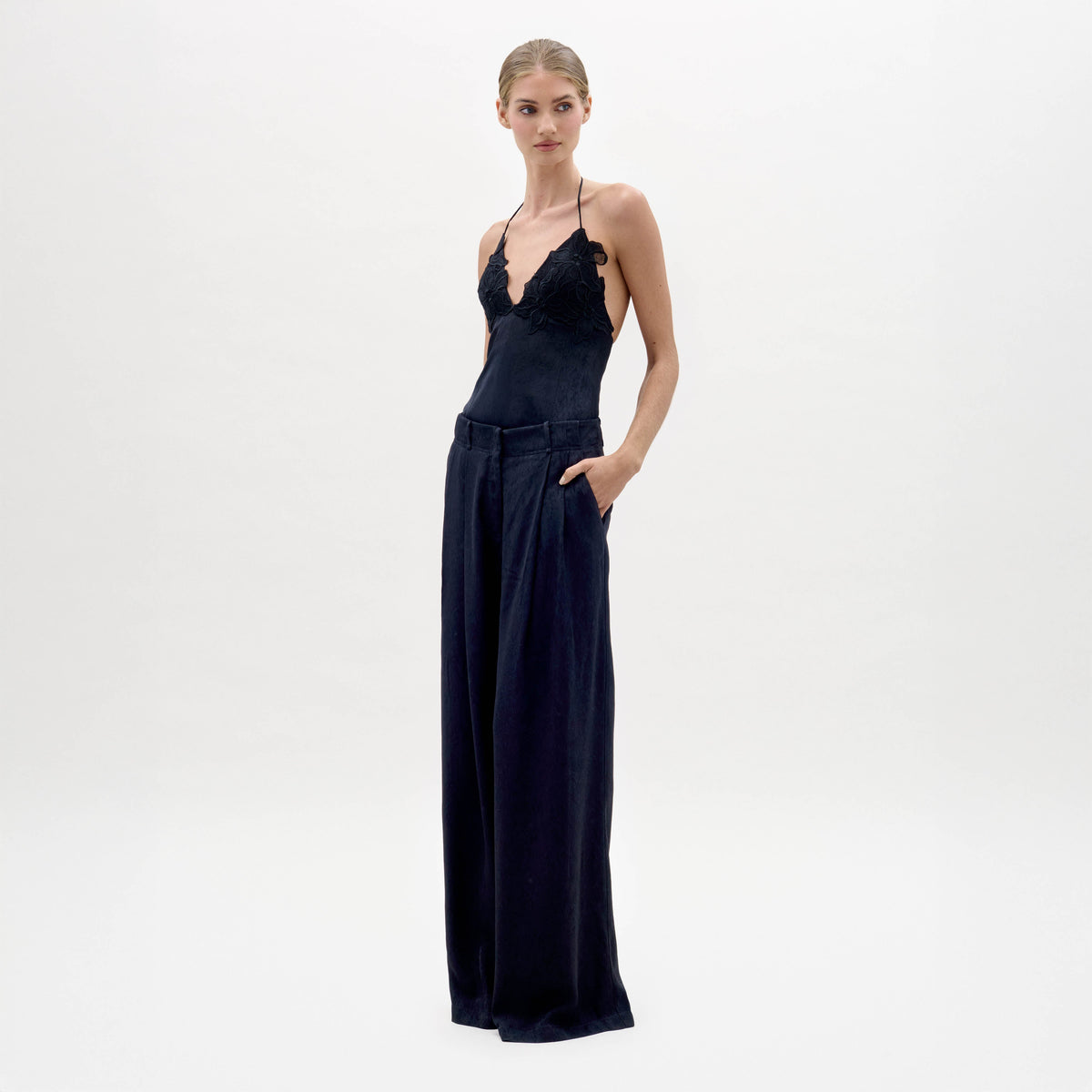 Navy Blue High-Waisted Wide-Leg Trousers